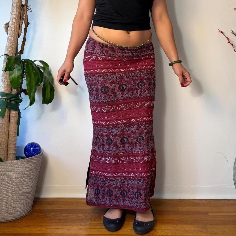 Vintage 90s Whimsygoth Maxi Skirt Burgundy Red Purple Boho Psychedelic Slit L